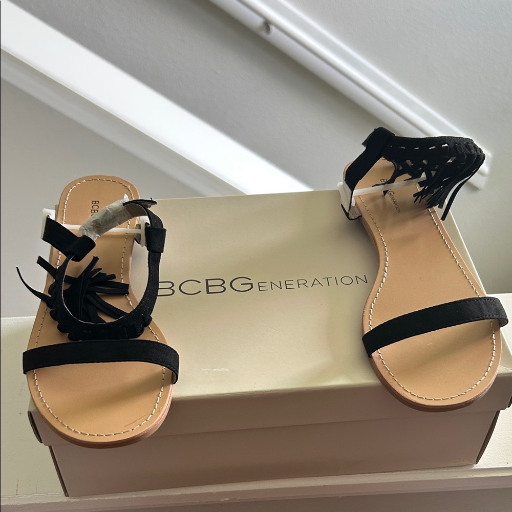 BCBGeneration Black Fringe Sandals